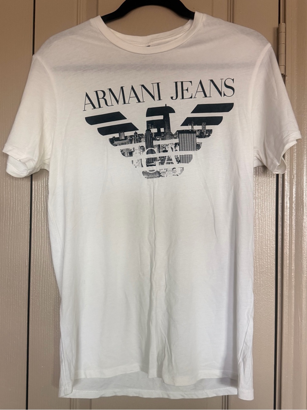 Armani Jeans White Short-Sleeve Logo Tee with Navy Graphic